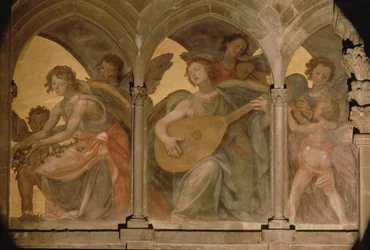 Musizierende Engel in einem Trompe-l